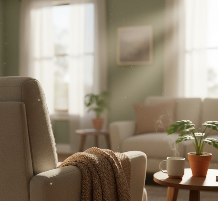 a cozy living room with a cup of tea